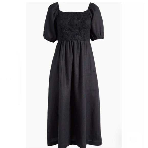 Boden Sky Smocked Short Sleeve Linen Midi Dress - Picture 10 of 16